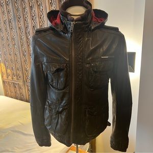 Superdry Men's Brown Leather Hooded Jacket with Red Lining